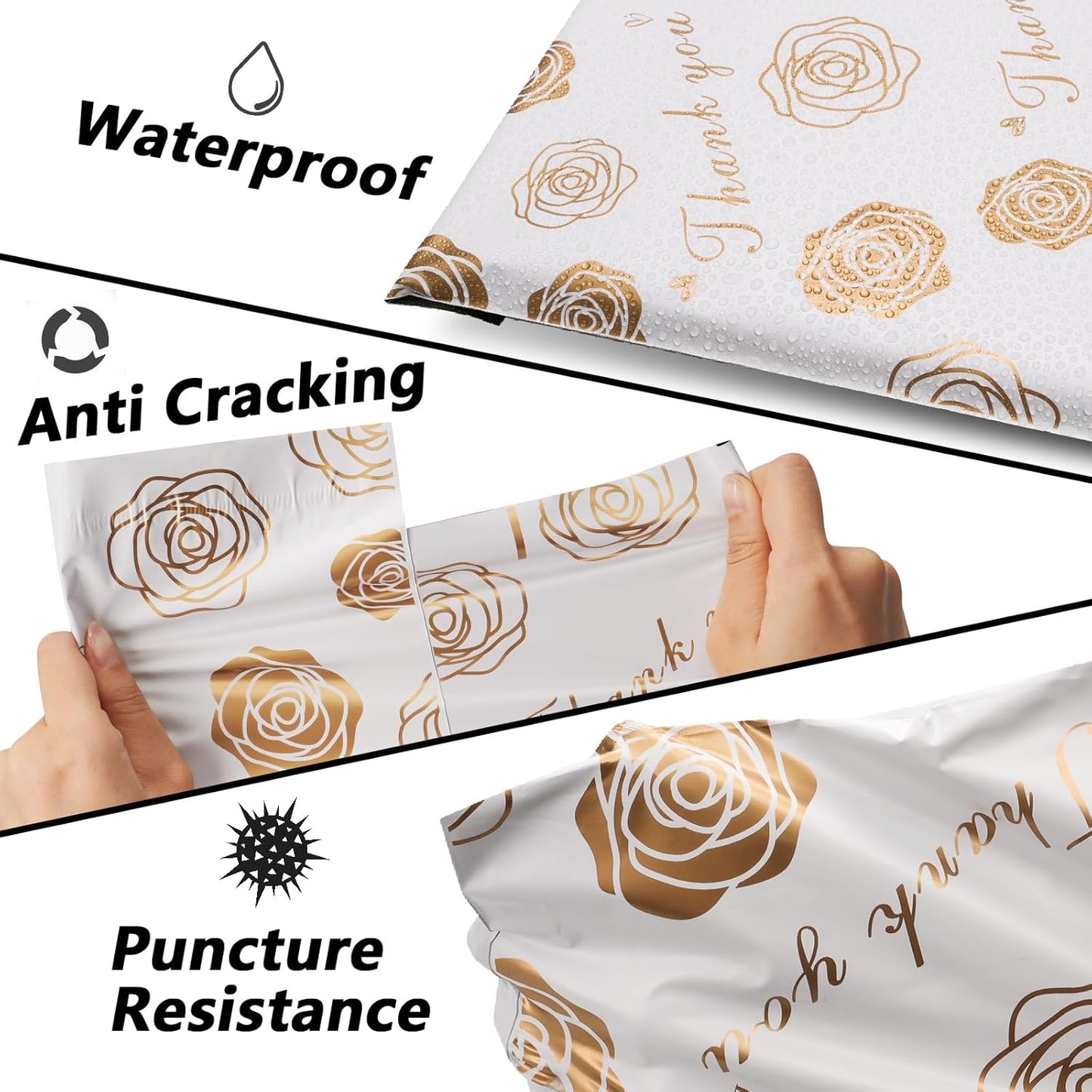 Thank You Poly Mailers 10x13 Inch 100 Pcs - Gold Rose Printed Shipping Bags for Clothing - Waterproof and Tear Resistant Mailing Envelopes - Self-Sealing Packaging Bags for Small Business