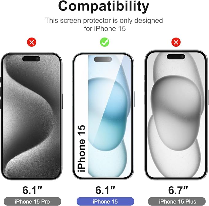 NEW'C 3x for iPhone 15 Screen Protector+ 3x Camera Lens Protector, Sensor - Image 2
