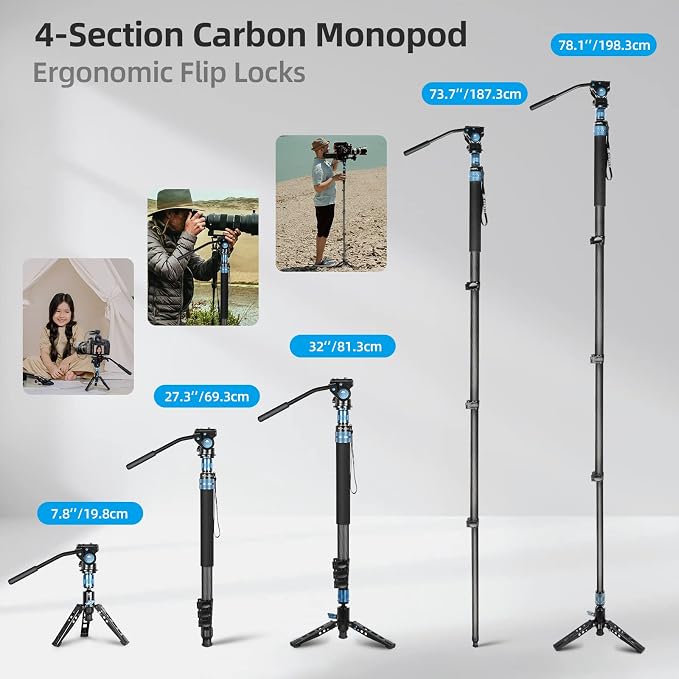 SIRUI P-424FL Carbon Fiber Camera Monopod Kit, Tripod Base, Flip Locks - Image 3