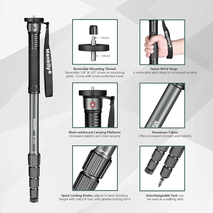 Manbily 65-Inch Camera Monopod, 5 Sections Aluminum Travel Monopod - Image 3
