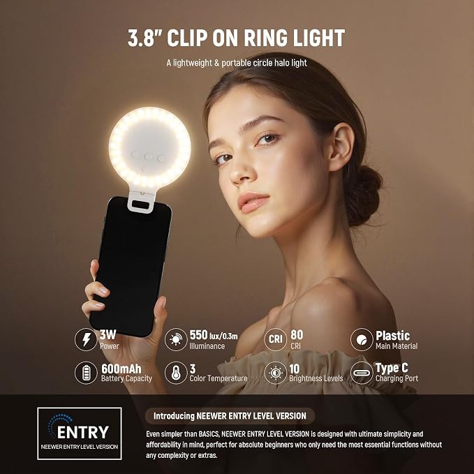 NEEWER Entry Level Version 3.8" Ring Light, 3W Clip on Phone Selfie Lighting - Image 2