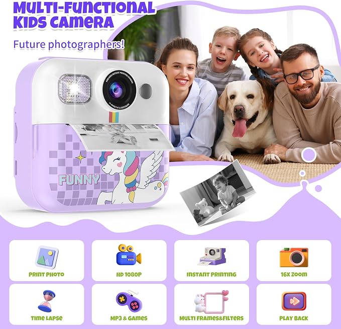 Kids Instant Print Camera, 1080P Children Printable Cameras Christmas Birthday - Image 2