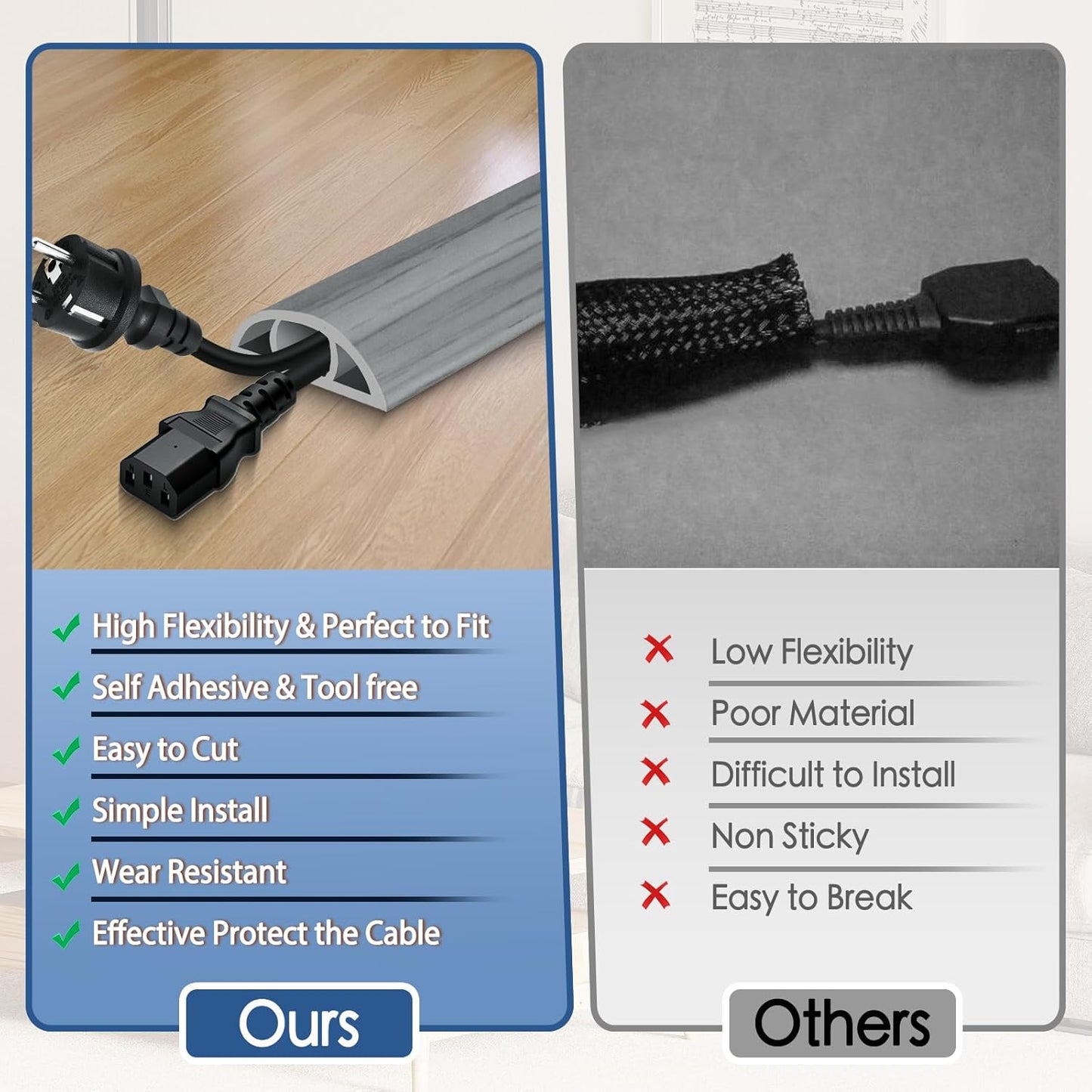 Floor Cord Cover for Wires on Floor Self Adhesive Cord Hider Floor Cable Management Wire Covers for Cords Protector Prevent Cable Trips Cord Cavity W 0.59" x H 0.31", Gray Wood, 20Ft
