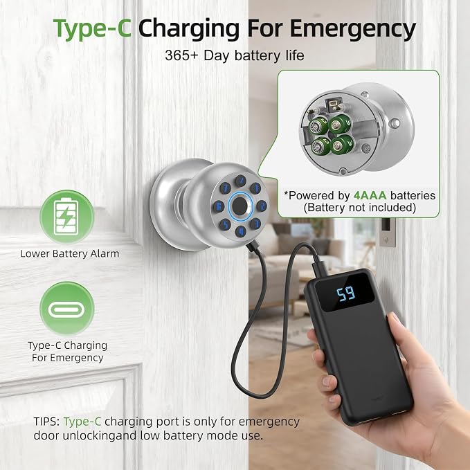 Fingerprint Door Knob, Smart Biometric Lock, Satin Nickel | Code & App Control - Image 7