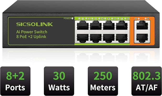 8 Port PoE+ Switch 120W 30W/Port, 2 Uplink Ports, 250M Transmission, AI Smart - Image 2