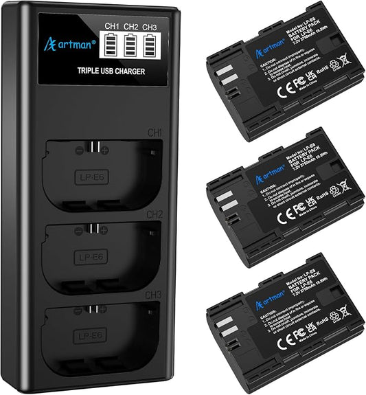 Artman LP-E6N LP-E6 Battery 3-Pack 2750mAh and 3-Slot LCD Charger by Aartman