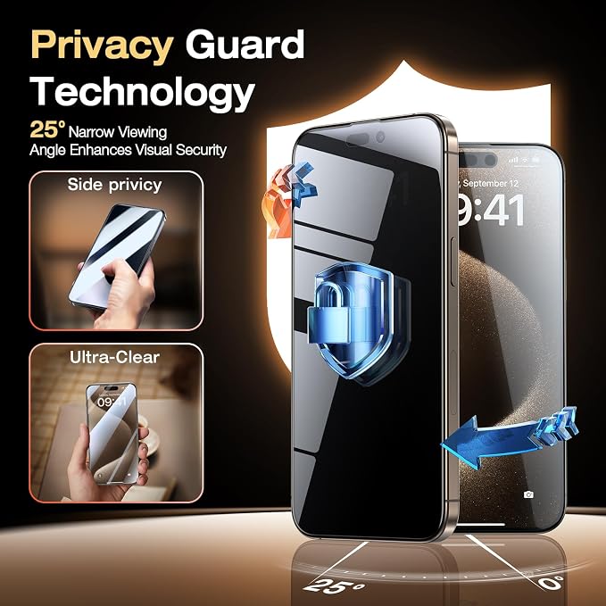 EGV 2 Pack Compatible for iPhone 15 Pro Privacy Screen Protector, 9H+ Military - Image 2