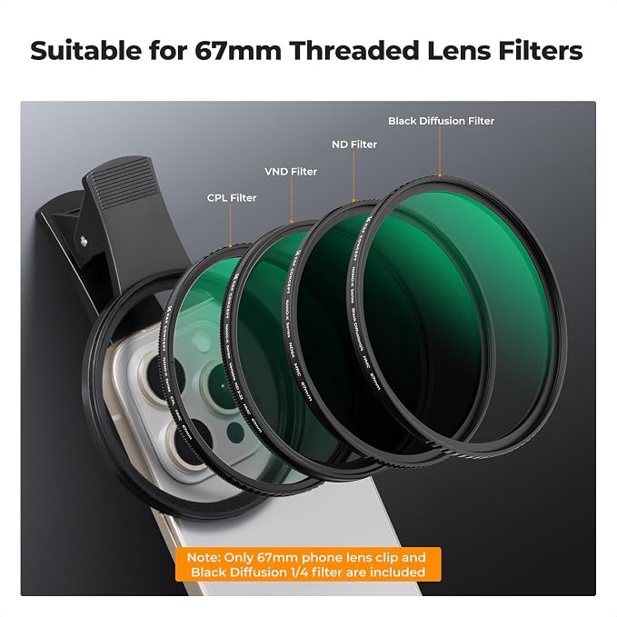 K&F CONCEPT 67mm Clip-on Black Diffusion 1/4 Phone Camera Lens Filter Kit - Image 4