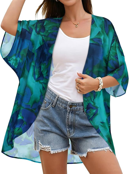 Women's Floral Print Puff Sleeve Kimono Cardigan Loose Cover Up Casual Blouse by CHICGAL
