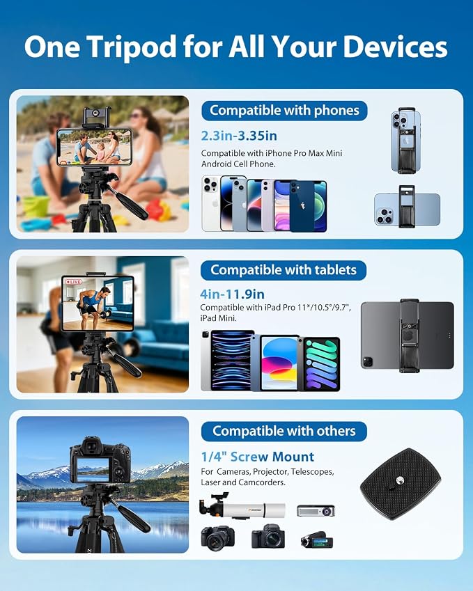 75" Camera Tripod, Aluminum Heavy Duty Camera Stand - Image 5