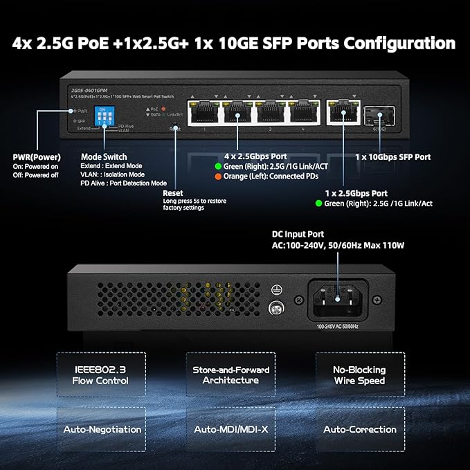 6 Port 2.5G PoE Managed Switch, 10G SFP+ Slot, IEEE802.3af/at 100W, Support - Image 4