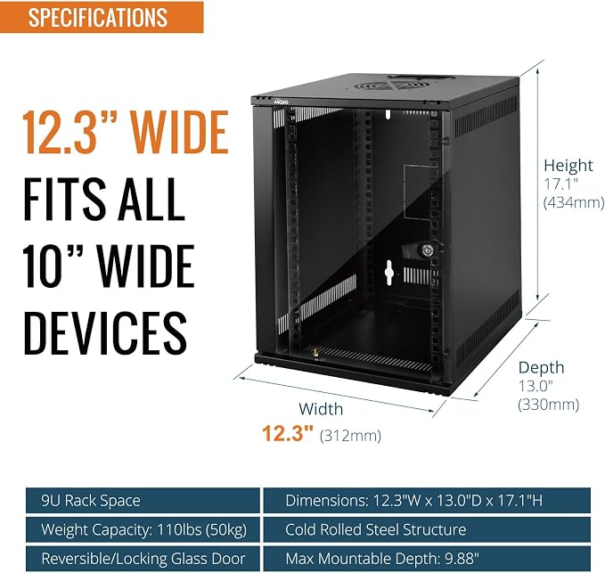 Tecmojo 9U 10 inch Rack, Wall Mount Network Cabinet Set, 12.3W x 13D x 17.1H- - Image 2