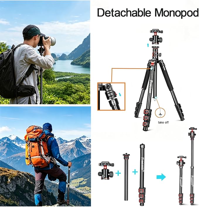 FreeSea 72 inch Camera Tripod, Transverse Center Column Aluminium DSLR Tripod - Image 2