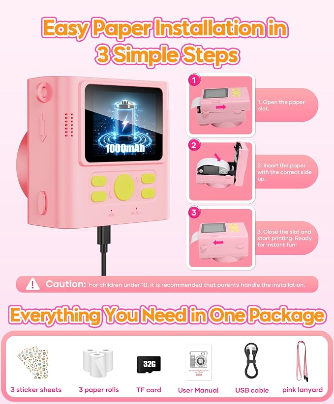 Kids Instant Print Camera Ages 3-12 1080P Selfie 2.4" Screen 32GB Gift Pink | - Image 8