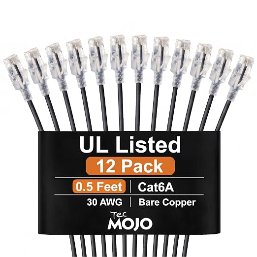 Tecmojo UL Listed Ultra-Slim Cat6a 0.5ft Ethernet Cable, 30AWG 100% Pure Copper by Tecmojo