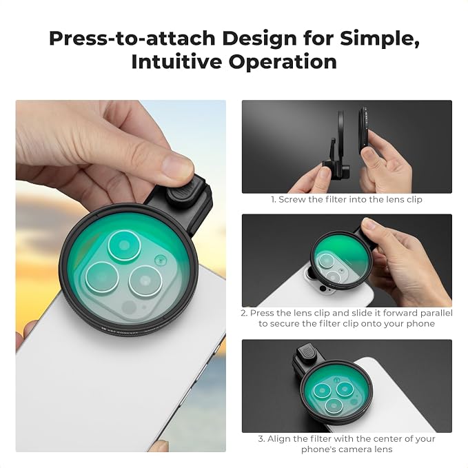 K&F CONCEPT 58mm Press-on ND2-32 Phone Lens Filter Kit, 16/15/14/13/12 Pro/Pro - Image 5