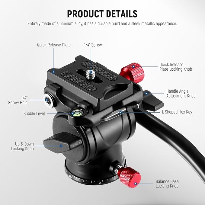 NEEWER Fluid Tripod Head with Handle & Arca Type Quick Release, Aluminum Alloy - Image 7