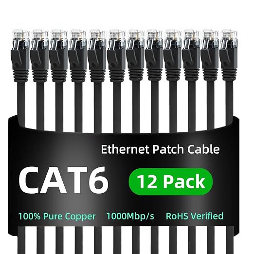 Yauhody CAT 6 Ethernet Cable 5ft 12-Pack Black, High Speed Solid Flat CAT6 by Yauhody