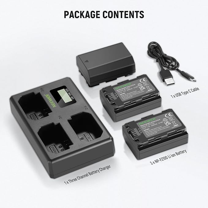 NEEWER NP-FZ100 Replacement Battery and Charger Set, 3 Pack 2280mAh NP-FZ100 - Image 8