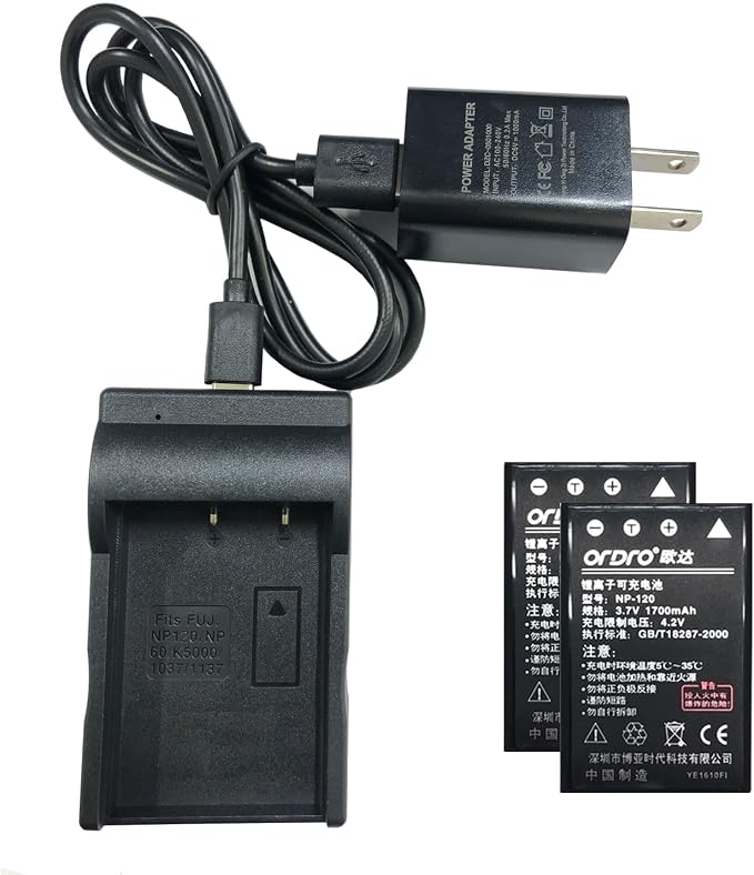 Battery and Charger for ORDRO HDR-AC3 Camcorder, Included 2 NP-120 1700mAh by ORDRO