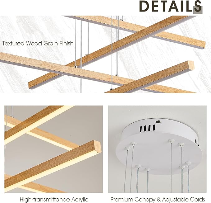 Linear Pendant Light Mdoern LED Chandelier 32" Boho Oak Wood Painted Ceiling - Image 5