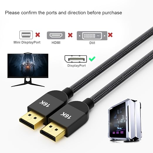 RUIPRO DisplayPort Cable 2.1 10ft, 80Gbps UHBR20 16K@60Hz, 4K@240Hz 165Hz 144Hz - Image 3
