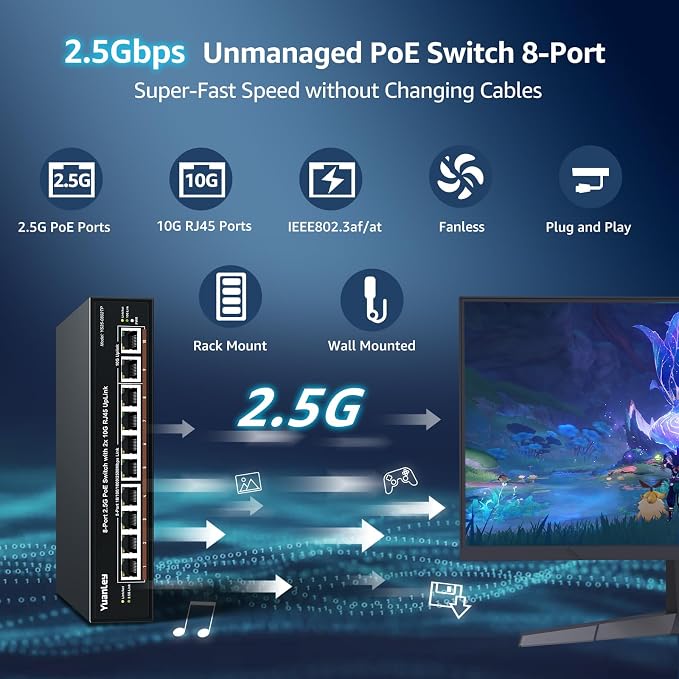 YuanLey 8 Port 2.5G PoE Switch Unmanaged, 8 x 2.5G Base-T PoE Ports, 2X 10G - Image 2