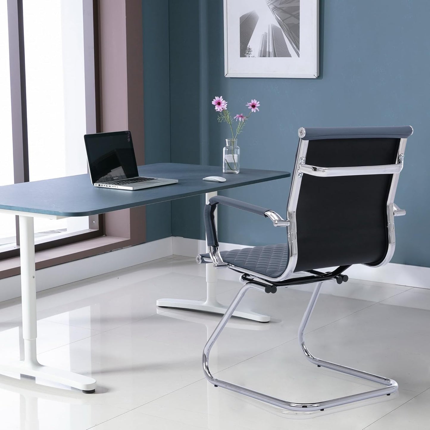 Office Guest Chairs Reception Chairs Waiting Room Chairs Set of 8 Conference Room Chair with Mid Back, Modern PU Leather Desk Chairs, Navy