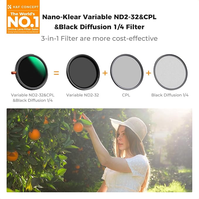 K&F CONCEPT 55mm Black Diffusion Mist Effect 1/4 & Variable ND2-32 & Circular - Image 2