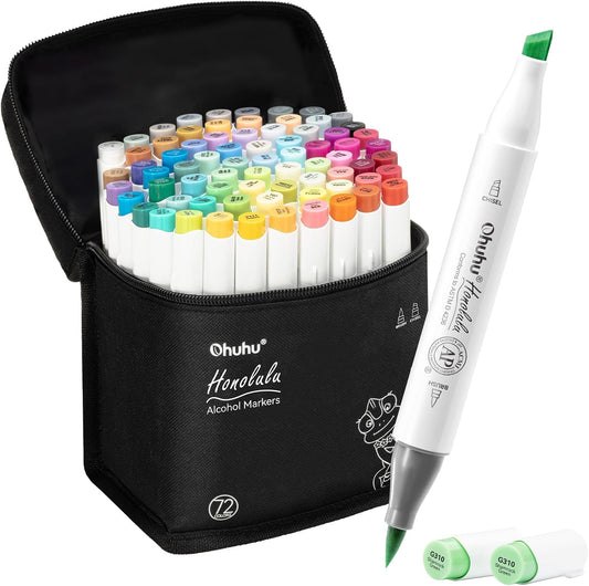 Ohuhu Alcohol Markers Brush Tip - Double Tipped Art Marker Set for Artist Illustration - 72 Colors - Chisel & Brush Dual Tips - Honolulu - Refillable