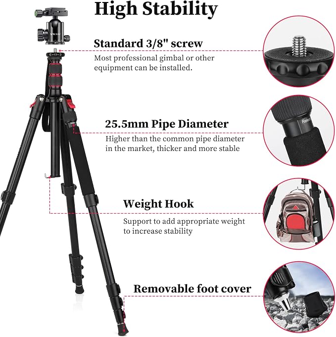 81" Professional Tripod for Camera & Phone -Tall, Compact Travel Tripod Stand - Image 7