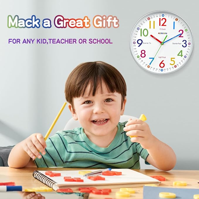 Wall Clock for Kids Learning Tell Time Easily Non-Ticking Battery Operated Kids - Image 2