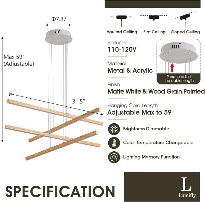 Linear Pendant Light Mdoern LED Chandelier 32" Boho Oak Wood Painted Ceiling - Image 6