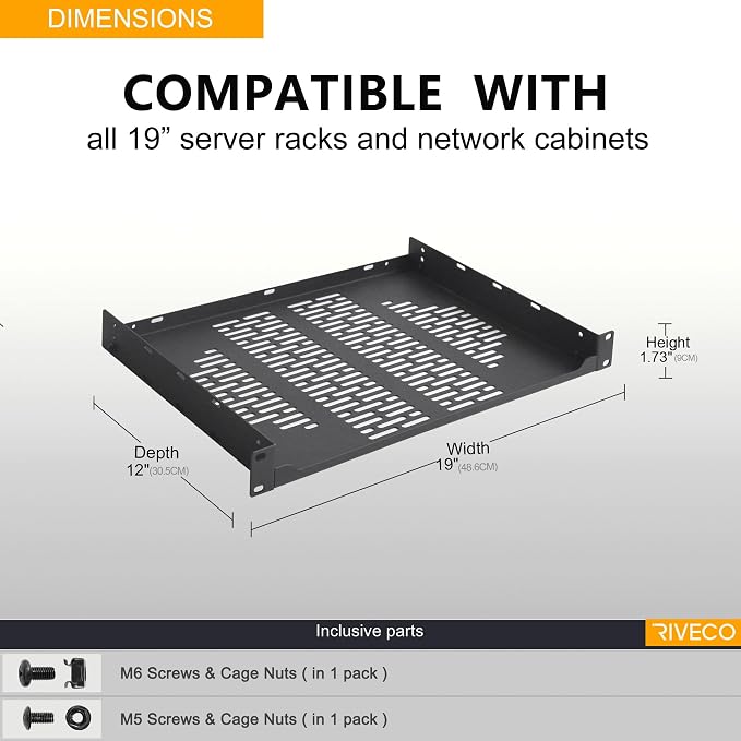 RIVECO 2 PCS 12” Rack Shelves for 19 inches Network Rack & Cabinets, 1U Rack - Image 5
