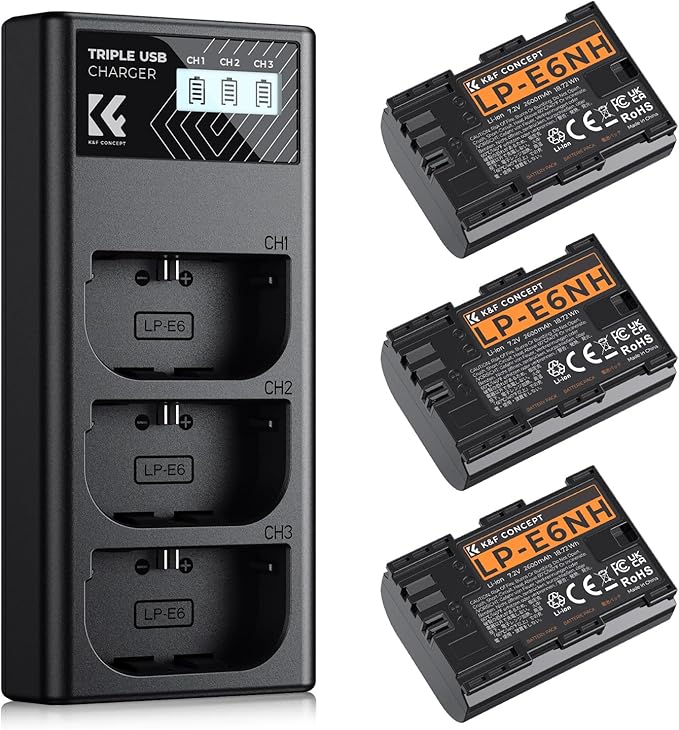 K&F CONCEPT 2600mAh LP-E6NH Battery and 3-Slot Battery Charger Compatible by KFCONCEPT