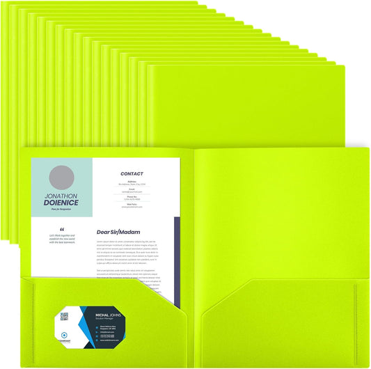 Gueevin 50 Pcs Plastic Folders with Pockets, Back to School Two Pocket Folder Fit Letter Size, Heavy Duty School Business Card Holder for Home Office, 11. 61 x 9. 45 Inches (Fluorescent Green)