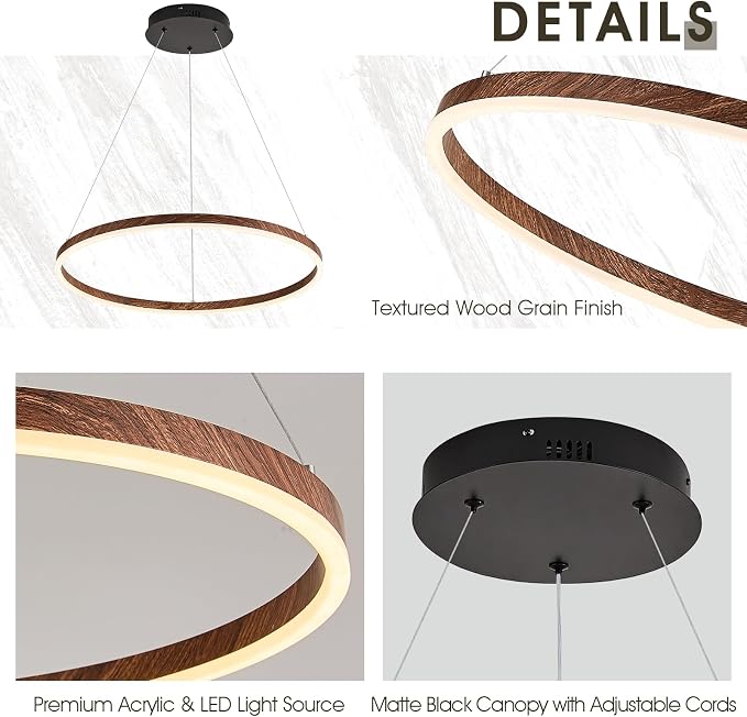 LED Ring Chandelier 24 Inches Round Chandelier Wood Grain Finish Dimmable LED - Image 5