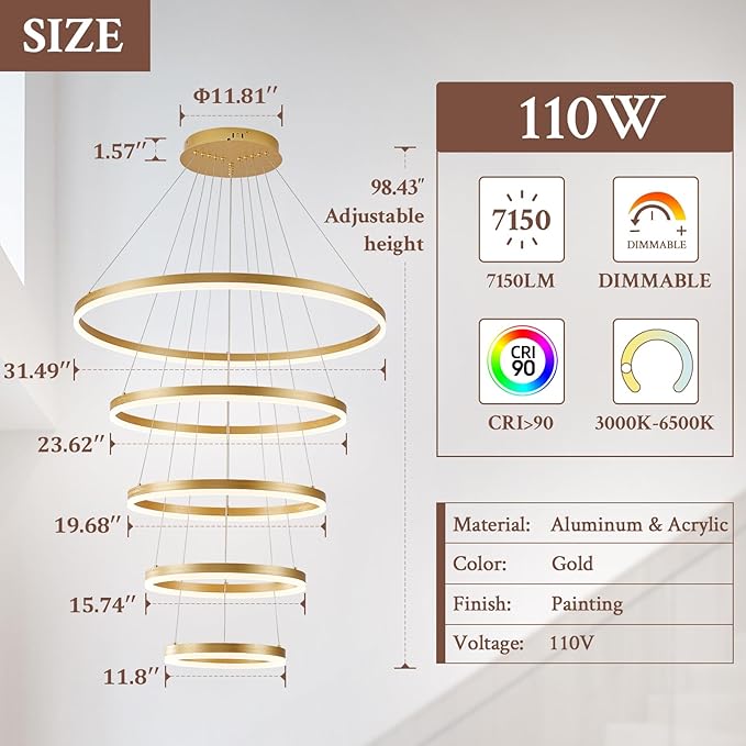 5-Rings D31.5in Modern LED Chandelier Gold Dimmable High Ceiling Chandeliers - Image 3
