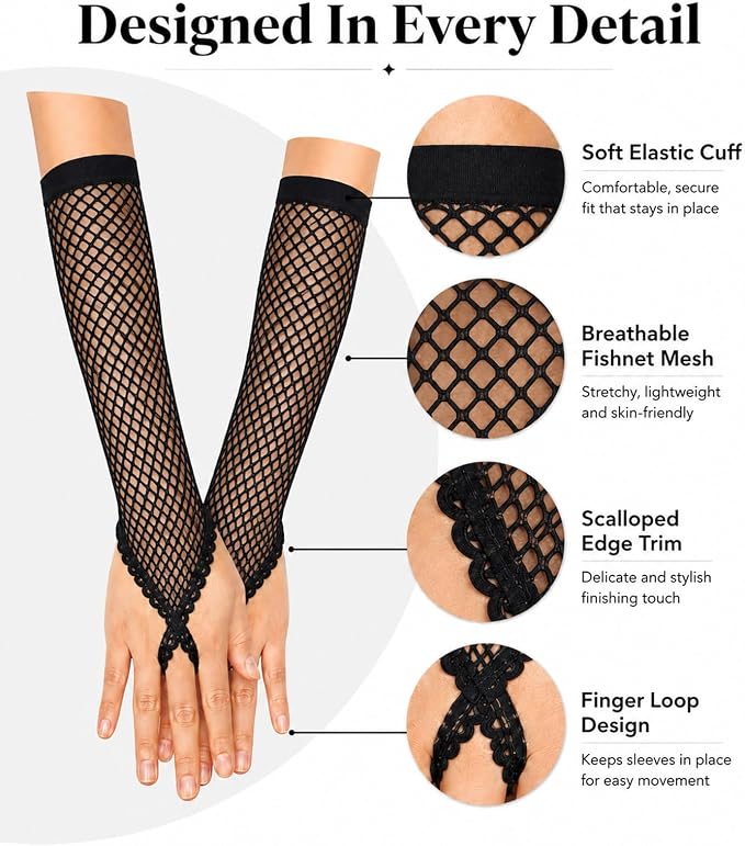 Seeksmile Women's Girls 80's Theme Party Emo Fingerless Arm Fishnet Gloves - Image 4