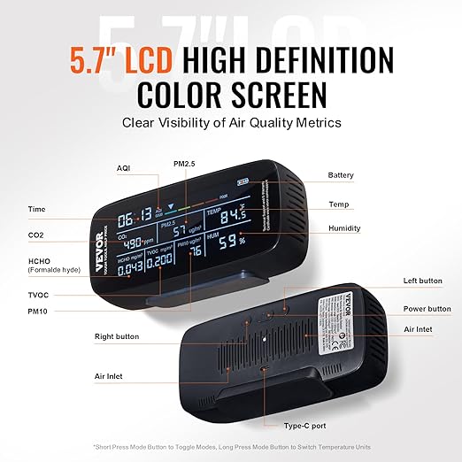 VEVOR Air Quality Monitor 9-in-1, Temperature, Formaldehyde TVOC AQI Tester - Image 5