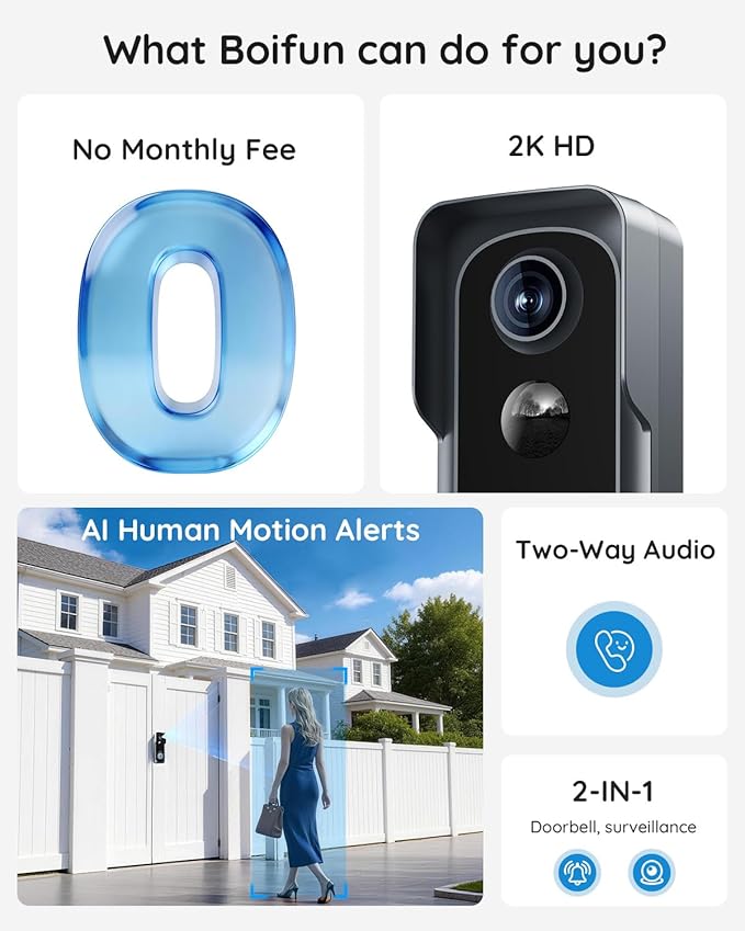 BOIFUN Video Doorbell Camera Wireless – No Subscription Required, 2K HD - Image 2