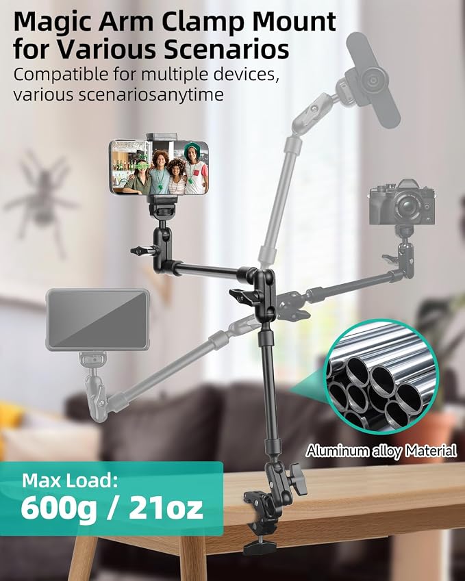 22" Magic Arm w Clamp, Overhead Phone Mount, Desk Camera Mount w Articulating - Image 4