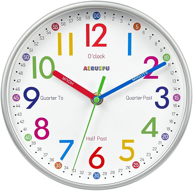 AIRUIFU Wall Clock for Kids Learning Tell Time Easily Non-Ticking Battery by AIRUIFU