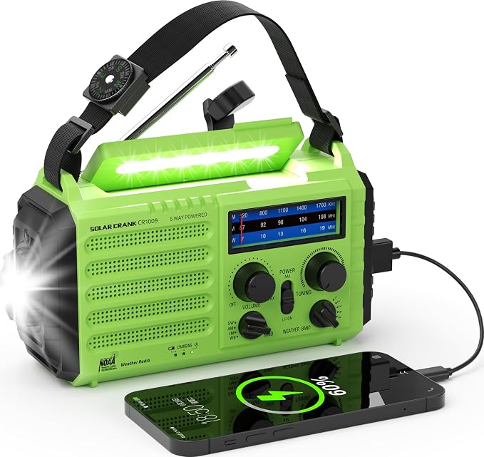 NOAA-Certified Emergency Weather Radio, AM/FM Portable Solar Hand Crank Powered by PPLEE
