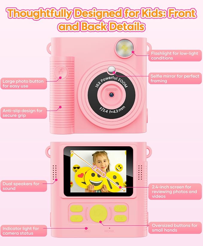 Kids Instant Print Camera Ages 3-12 1080P Selfie 2.4" Screen 32GB Gift Pink | - Image 9