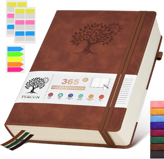 A4 Lined Journal Notebook，365 Page Large Leather Journals for Writing Women Men，Hardcover Notebook with 100Gsm Thick Pages for Travel，Work，School，College Ruled, Daily Diary (8.5" x 11.4")