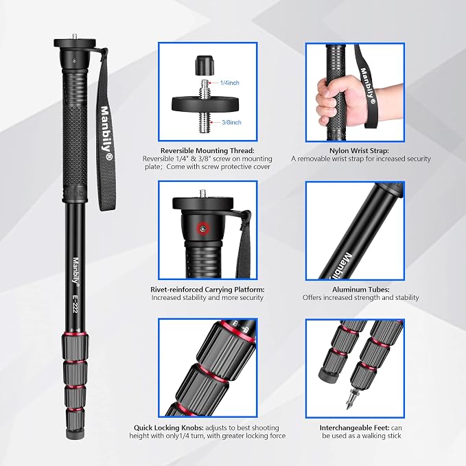 Manbily 65-Inch Camera Monopod, 5 Sections Aluminum Travel Monopod - Image 3