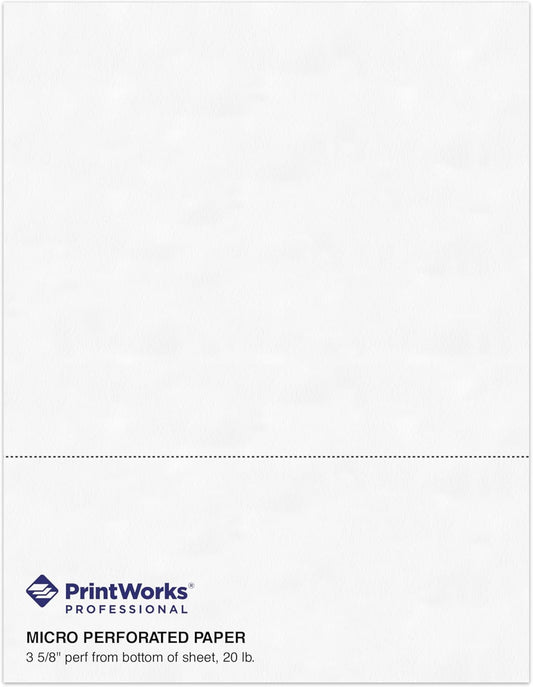 PrintWorks Professional 3 5/8" Horizontal Perforated Paper 8.5” x 11” - Perfect For W-2, 1099, & Statement Use - Made in the USA - 500 Sheets - 20 lb - Printer Compatible - White (04132)