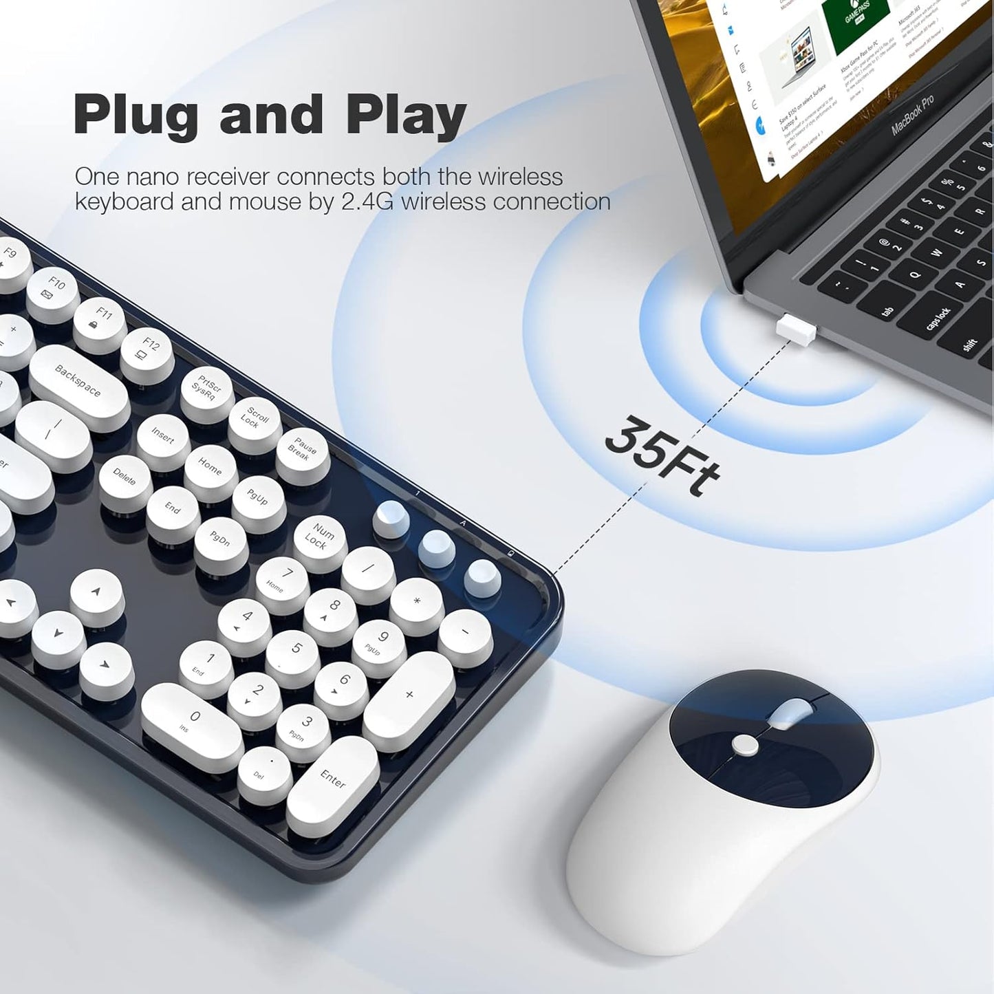 Wireless Keyboard and Mouse, Typewriter Full Size Keyboard with Number Pad and 2 in 1 USB Connected Mouse for Windows 7/8/10, Laptop, Desktop, PC, Computer (Dark-Blue)