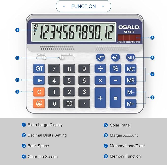Desktop Calculator Extra Large 5-Inch LCD Display 12-Digit Big Number - Image 5